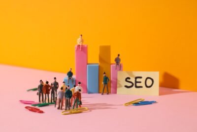 Diagram, paper with SEO letters, paper clips and people on yellow background